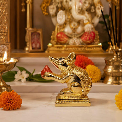Gold Art India Gold-Plated Mushak (Mooshak) Mouse with Modak | Orange Terracotta Finish | Mouse Idol | Vehicle (Vahana) of Lord Ganesha | 2.5 Inch Height | Home Decor, Mandir Pooja Room, Office Desk