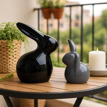 Home Décor Ceramic Rabbit Figurines (Set of 2, Black and Grey)
