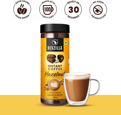 Bevzilla Hazelnut Flavoured Instant Coffee Powder - 200g | Premium Arabic Coffee | For Espresso, Latte & Cappucino | Enjoy Hot & Cold Coffee
