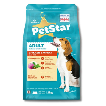 Mankind Petstar Adult Dry Dog Food (High Protein) Chicken & Wheat Flavor, 1kg | Improves Muscle & Strength, Supports Immunity, Protects Liver & Kidney| Adult Dog Food