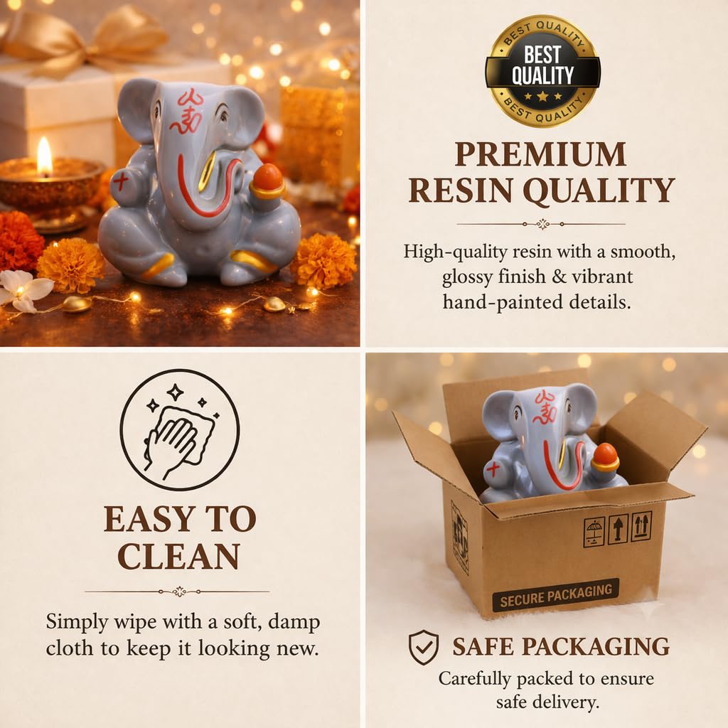 Resin Lord Ganesha Idol Car Dashboard 5x5cm (Grey)