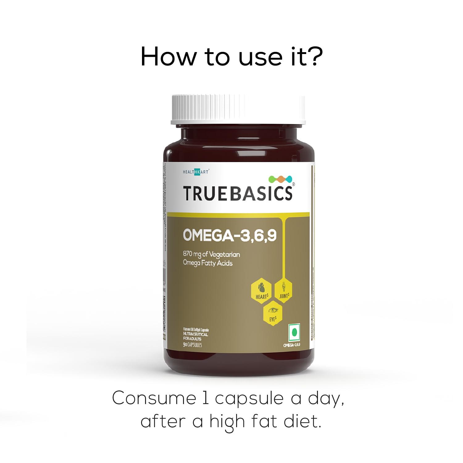 TrueBasics Omega-3,6,9 supplement bottle on a white background