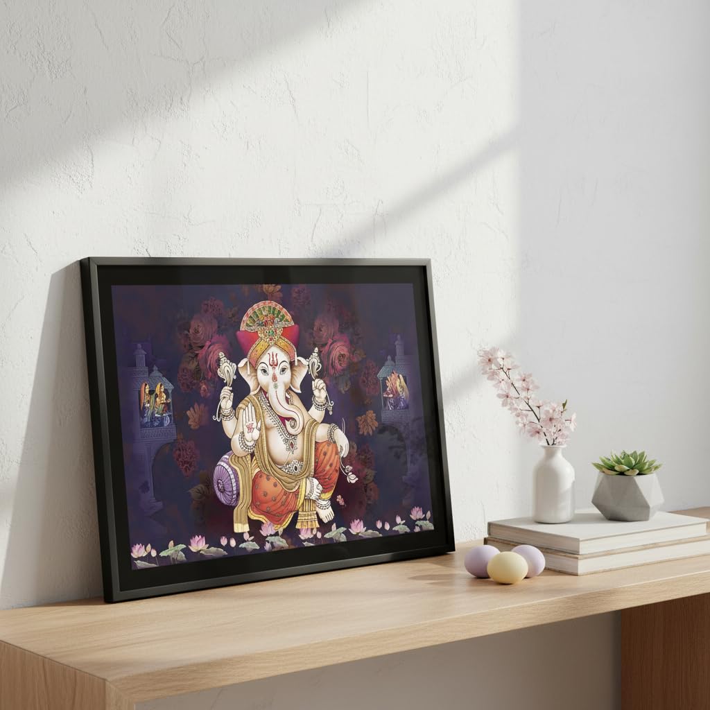 Lucky Pagdi Ganesha Religious Wooden Art Framed Painting - Ready to Hang (Multicolour, Medium, 12inch x 18 inch)
