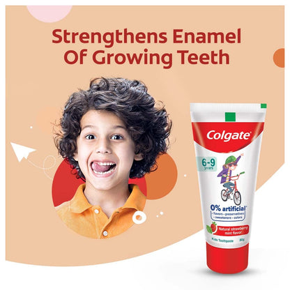 Colgate Toothpaste For Kids (6-9 Years), Natural Strawberry Mint Flavour, 0% Artificial, Oral Care - 80G Tube & Kids Batman Toothbrush, Extra Soft With Tongue Cleaner (Pack Of 3)