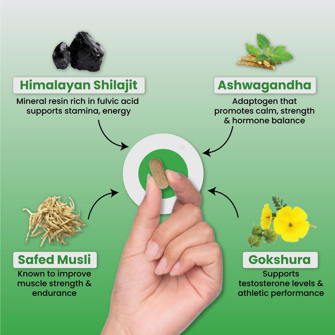ZEROHARM Nano Himalayan Shilajit With Ashwagandha, Safed Musli & Goksura | Boosts Fitness, Stamina | Improves Energy, Performance & Helps Manage Stress | For Men and Women | 60 Shilajit Tablets
