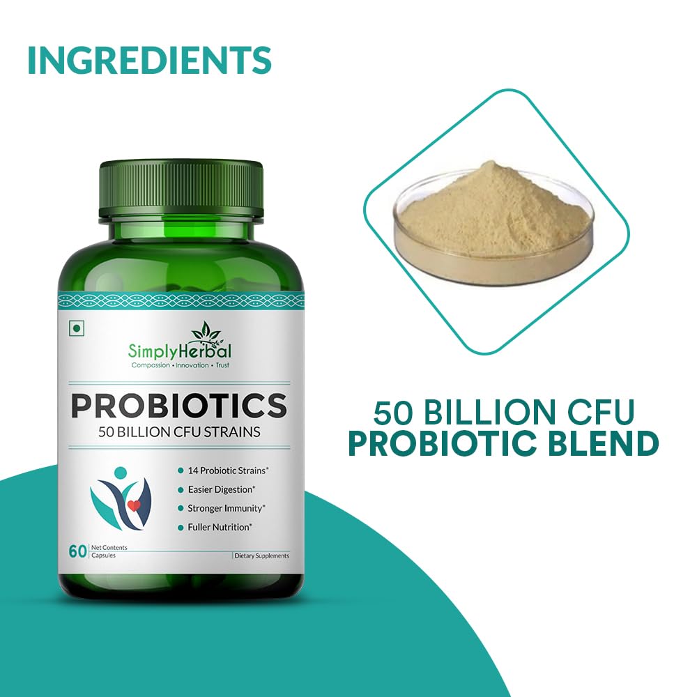 Green probiotics bottle with powder sample and 'Simply Herbal' branding on a white background