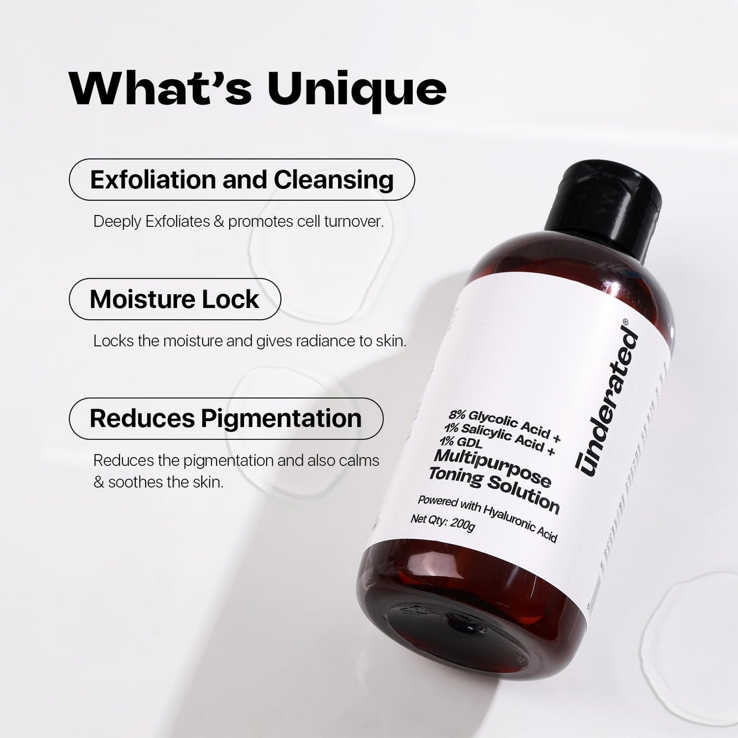 Underated 8% Glycolic Acid Toner for Skin with 1% Salicylic Acid, 1% GDL & AHA BHA PHA Formula | For Women & Men | For Oily & Acne Prone Skin | Face & Body Exfoliating Toner | 200 g