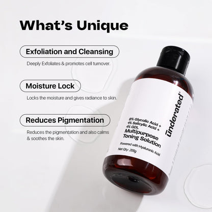 Underated 8% Glycolic Acid Toner for Skin with 1% Salicylic Acid, 1% GDL & AHA BHA PHA Formula | For Women & Men | For Oily & Acne Prone Skin | Face & Body Exfoliating Toner | 200 g