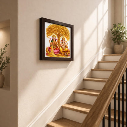 Laxmi Ganesha Gold Coin Golden Tree Money Magnet Vastu Prosperity Hindu Spiritual Mandir Religious Framed Poster Artwork Decor Painting