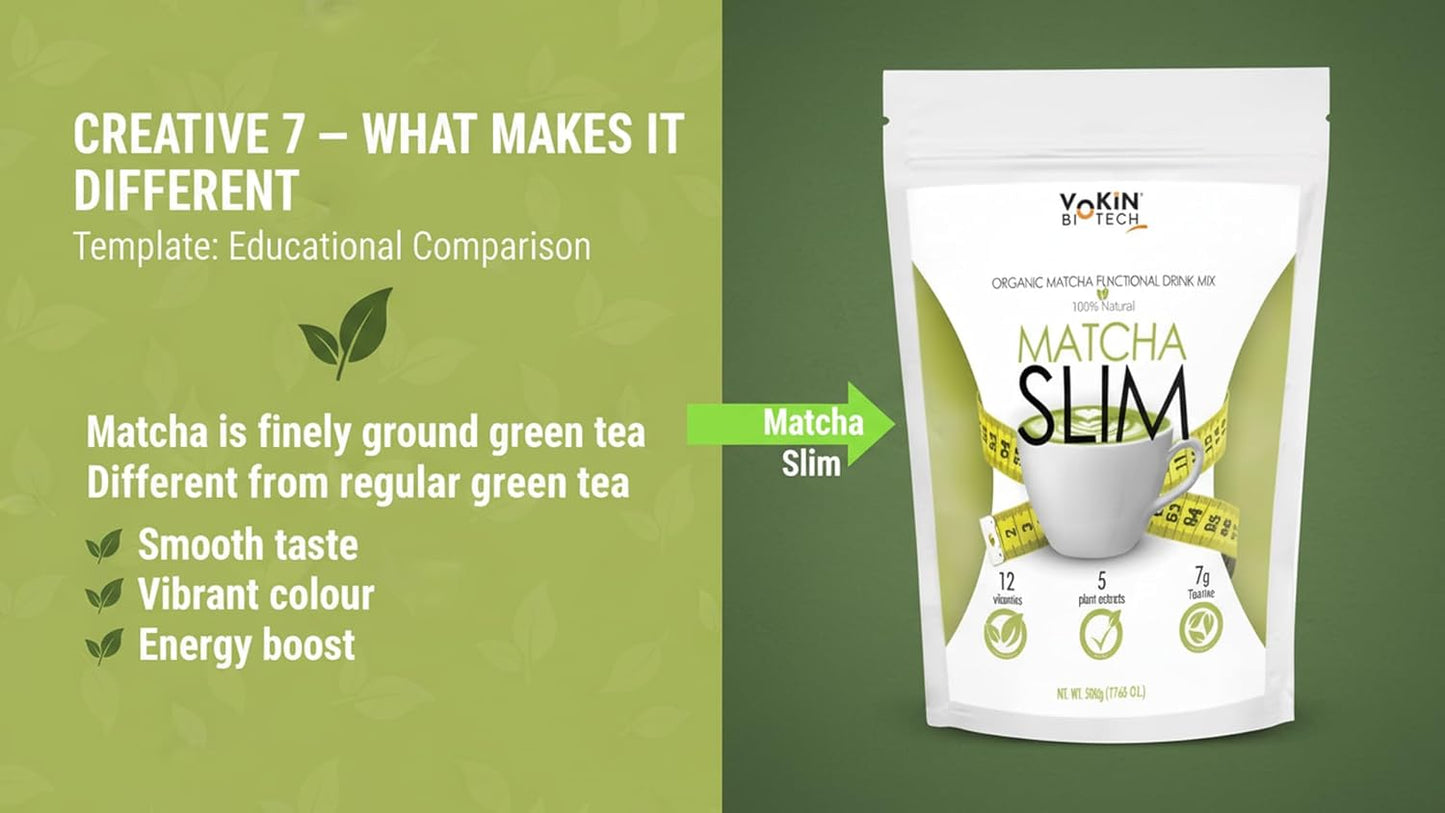 Yokin Matcha Slim packaging with green background and text about matcha tea.