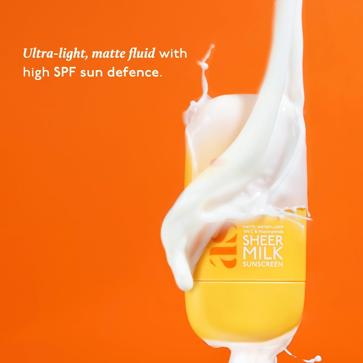 Sheer Milk Sunscreen bottle with orange background and text about SPF and light fluidity.