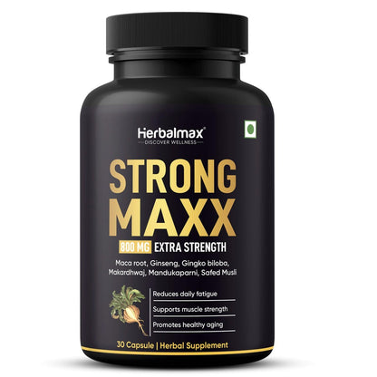 Herbal Max Strong Maxx Maca Root Capsules – 800 mg | 30 Vegetarian Capsules | Natural Energy & Vitality Booster | Ayurvedic Supplement for Men & Women
