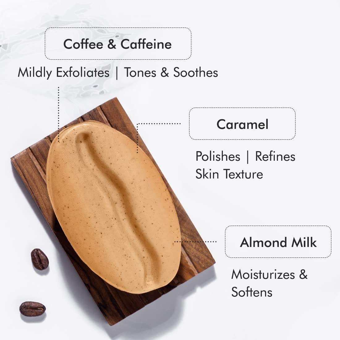 Skincare bar with coffee, caffeine, caramel, and almond milk labels on a white background