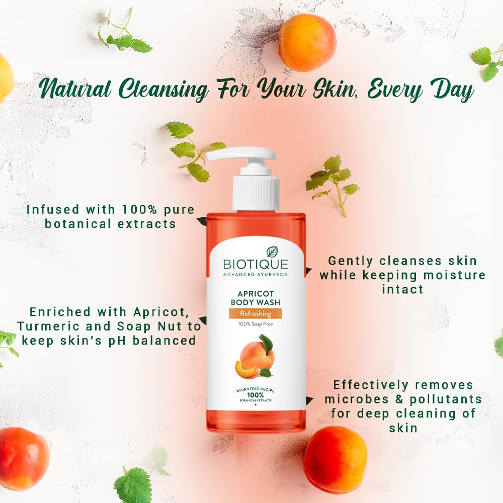 Biotique Apricot Body Wash bottle with botanical elements and text on a light pink background