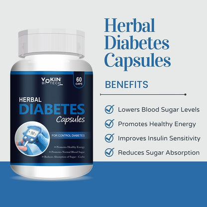 Bottle of Herbal Diabetes Capsules with benefits listed on a white background
