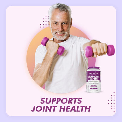 Man lifting pink dumbbells with a supplement bottle labeled 'Healthy Reef Chondroitin Sulphate' on a light purple background.