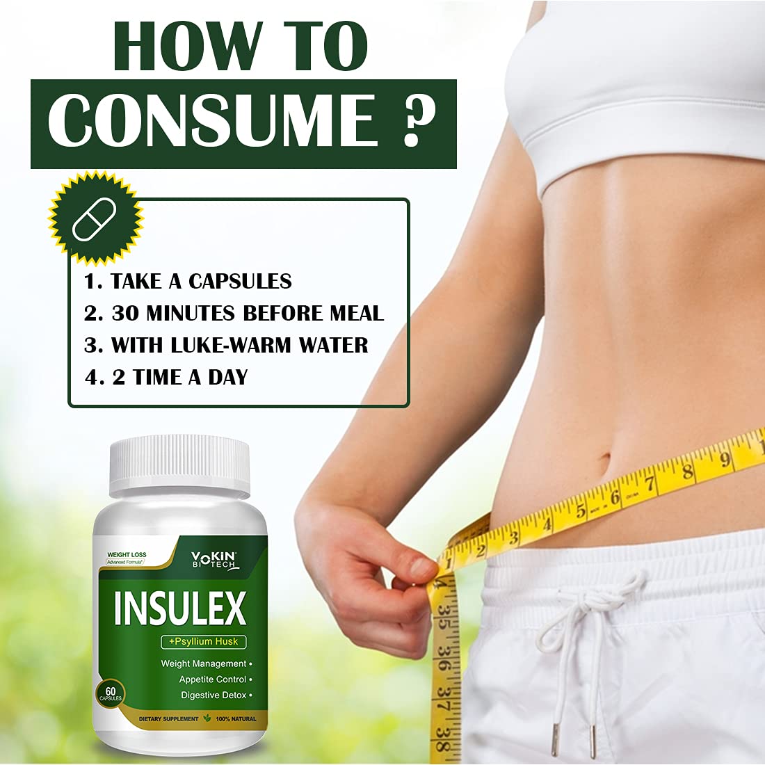 Insulex supplement bottle with instructions on consumption and a person measuring their waist.