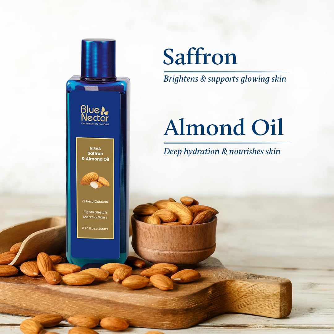 Blue Nectar Saffron & Almond Oil for Stretch Marks for Pregnant Women | Visibly Reduces Marks, Hydrates Skin & Improves Elasticity | 100% Natural & Safe (12 Herbs, 100ml)