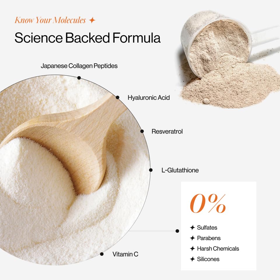 Product with ingredients listed and a scoop of powder on a white background