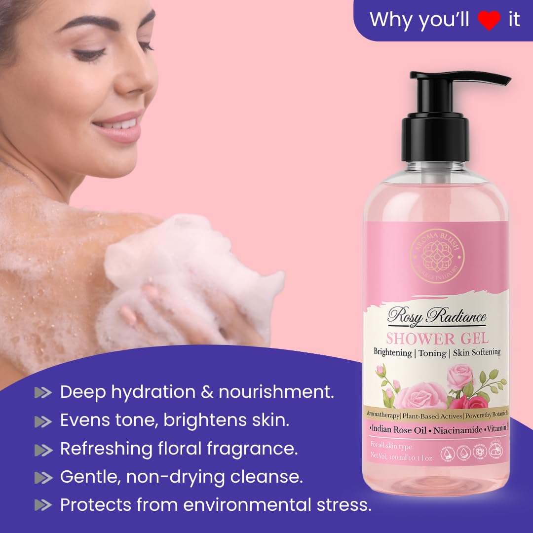 Woman with soap and Rosy Radiance shower gel bottle on a pink and purple background