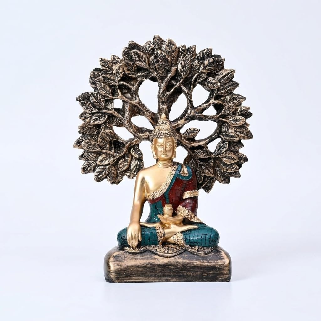 Handcrafted Buddha Showpiece with Tree for Home Décor (Pack of 1, Multi)