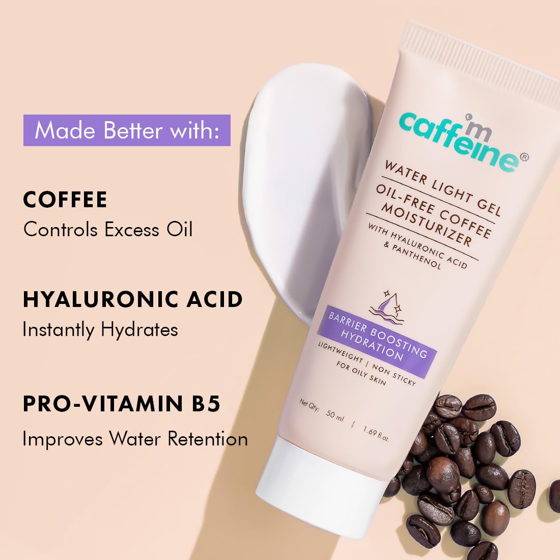 Caffeine water light gel oil-free coffee moisturizer with coffee beans on a beige background