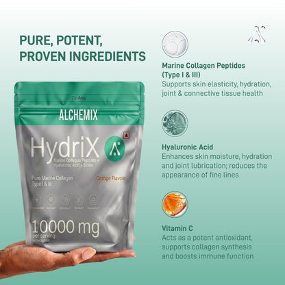 8000mg Korean Marine Collagen Peptides with Hyaluronic Acid, Vitamin C, Biotin & Zinc for Women & Men | 200g Hydrolyzed Collagen Powder | Supports Skin Radiance, Glow, Hair, Nails, Bone & Joint | Orange | 20 Servings | Alchemix Hydrix