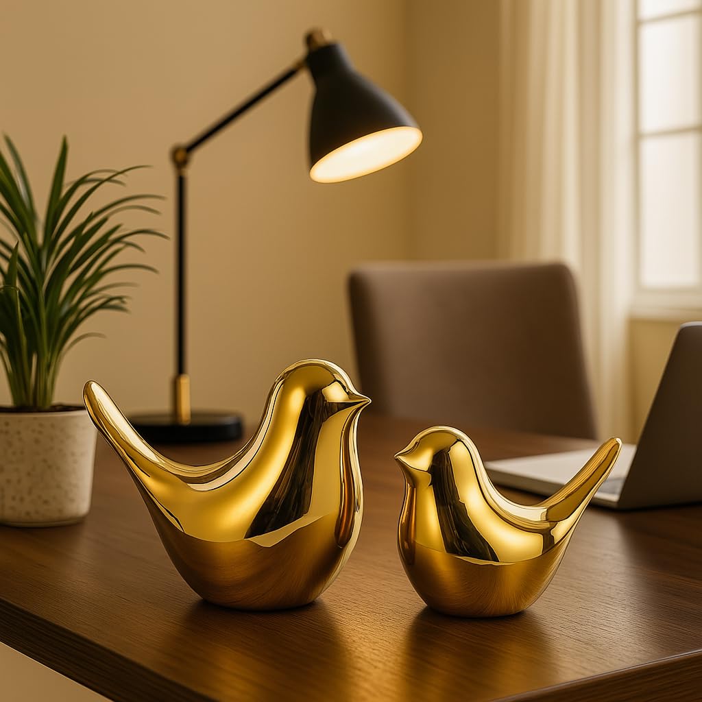 Ceramic Golden Blessing Birds Figurine for Home Decor | Ceramic Figurines - (Set of 2 Piece, Golden)