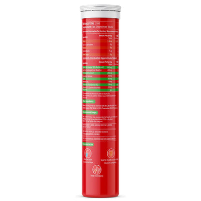 Red supplement tube with white cap on a white background