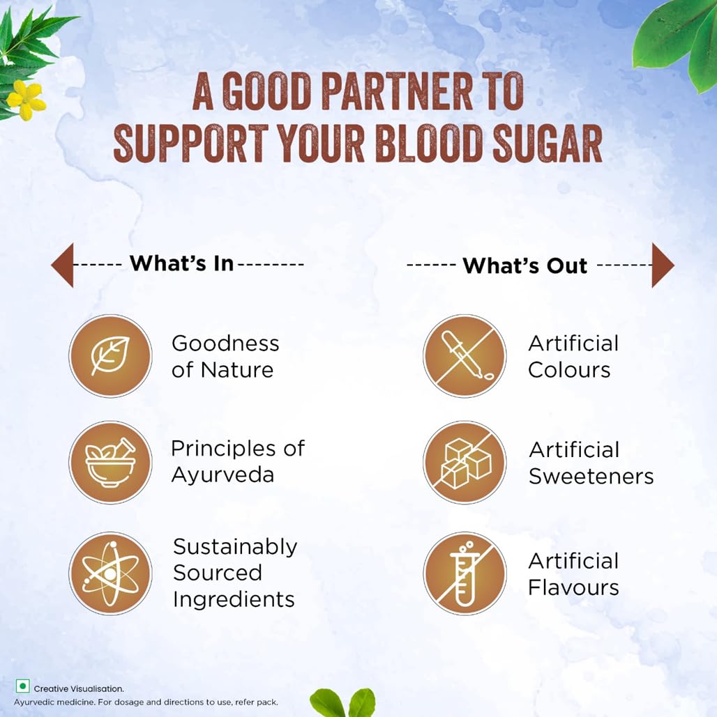 Health product advertisement highlighting natural ingredients and benefits on a light blue background with green leaves.