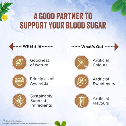 Health product advertisement highlighting natural ingredients and benefits on a light blue background with green leaves.