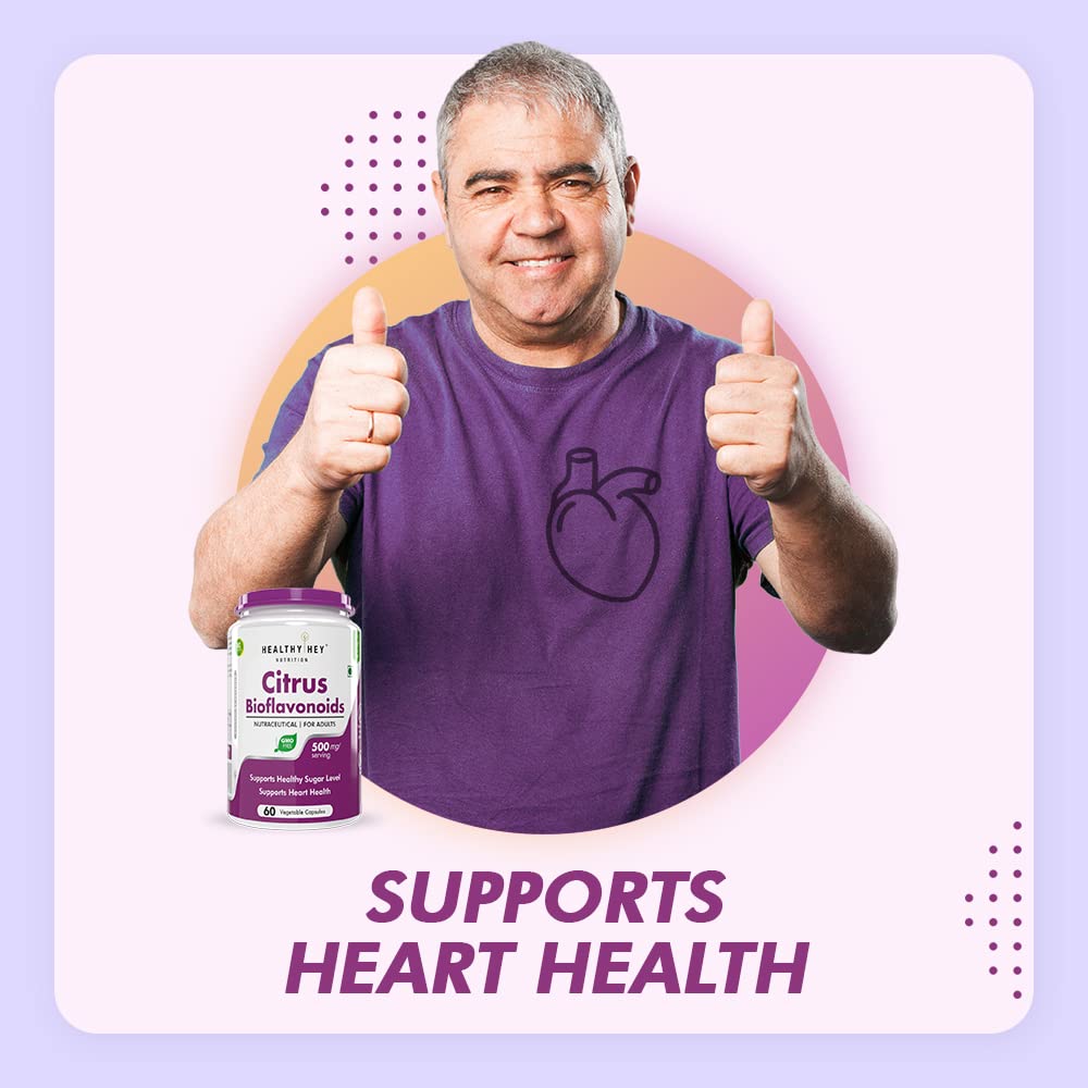 Man giving thumbs up with a supplement bottle labeled 'Supports Heart Health' on a purple background
