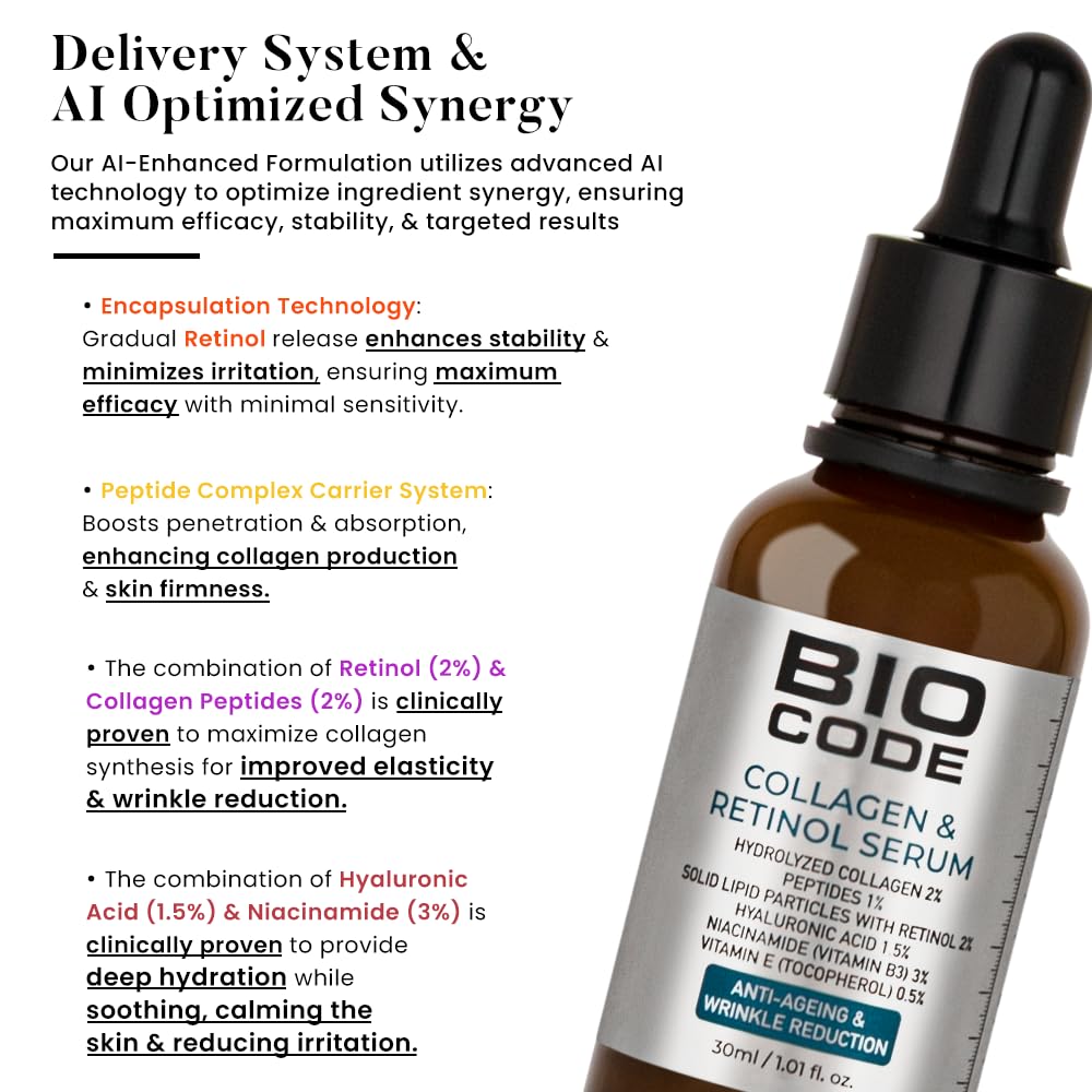 Bio Code Hydrolyzed Collagen 2% Face Serum (30ml) – with 2% Retinol SLP, 1% Peptides & 3% Niacinamide | For Anti-Aging & Wrinkle Reduction | AI-Enhanced Formula | Dermatologist Recommended
