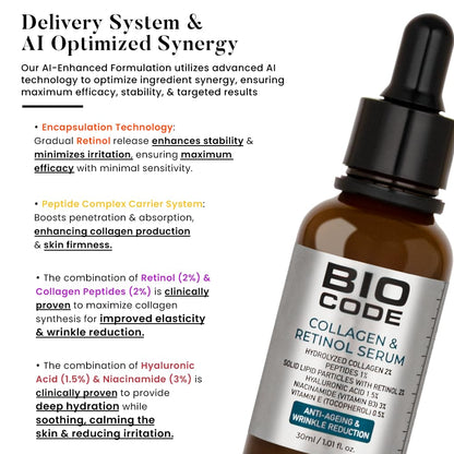 Bio Code Hydrolyzed Collagen 2% Face Serum (30ml) – with 2% Retinol SLP, 1% Peptides & 3% Niacinamide | For Anti-Aging & Wrinkle Reduction | AI-Enhanced Formula | Dermatologist Recommended