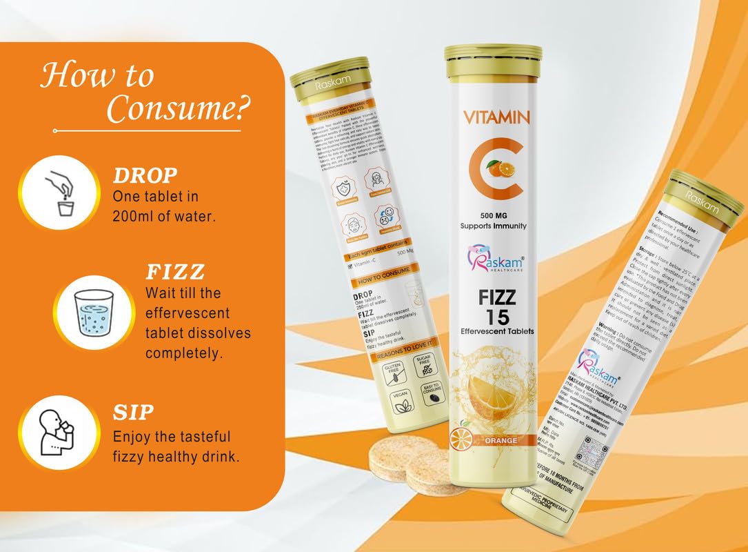 Vitamin C effervescent tablets with consumption instructions on an orange and white background