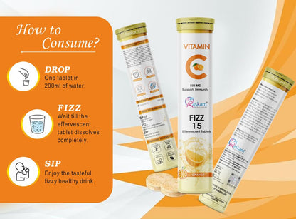 Vitamin C effervescent tablets with consumption instructions on an orange and white background