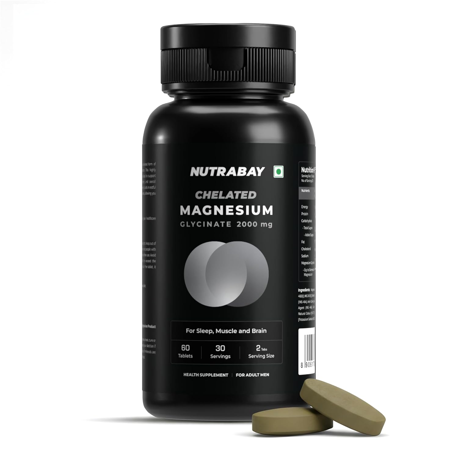Black bottle of Nutrabay Chelated Magnesium Glycinate supplement with a white background