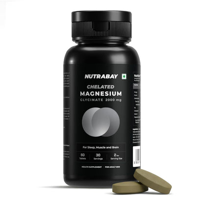 Black bottle of Nutrabay Chelated Magnesium Glycinate supplement with a white background