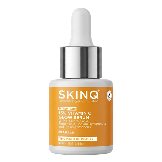 SKINQ 15% Vitamin C Glow Serum with L Ascorbic Acid, Ferulic Acid & Sodium Hyaluronate | Reduces Tan & Brightens Skin | Lightweight, Non-Sticky | For All Skin Types | In-Vivo Tested I Derma Formulated | 15ml