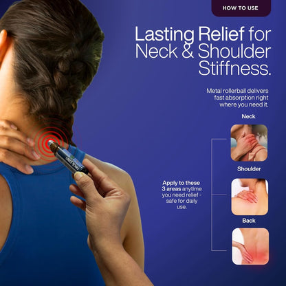 Product advertisement for neck and shoulder stiffness relief with a woman applying it.
