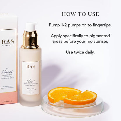 RAS skincare serum bottle with packaging and orange slices on a white background