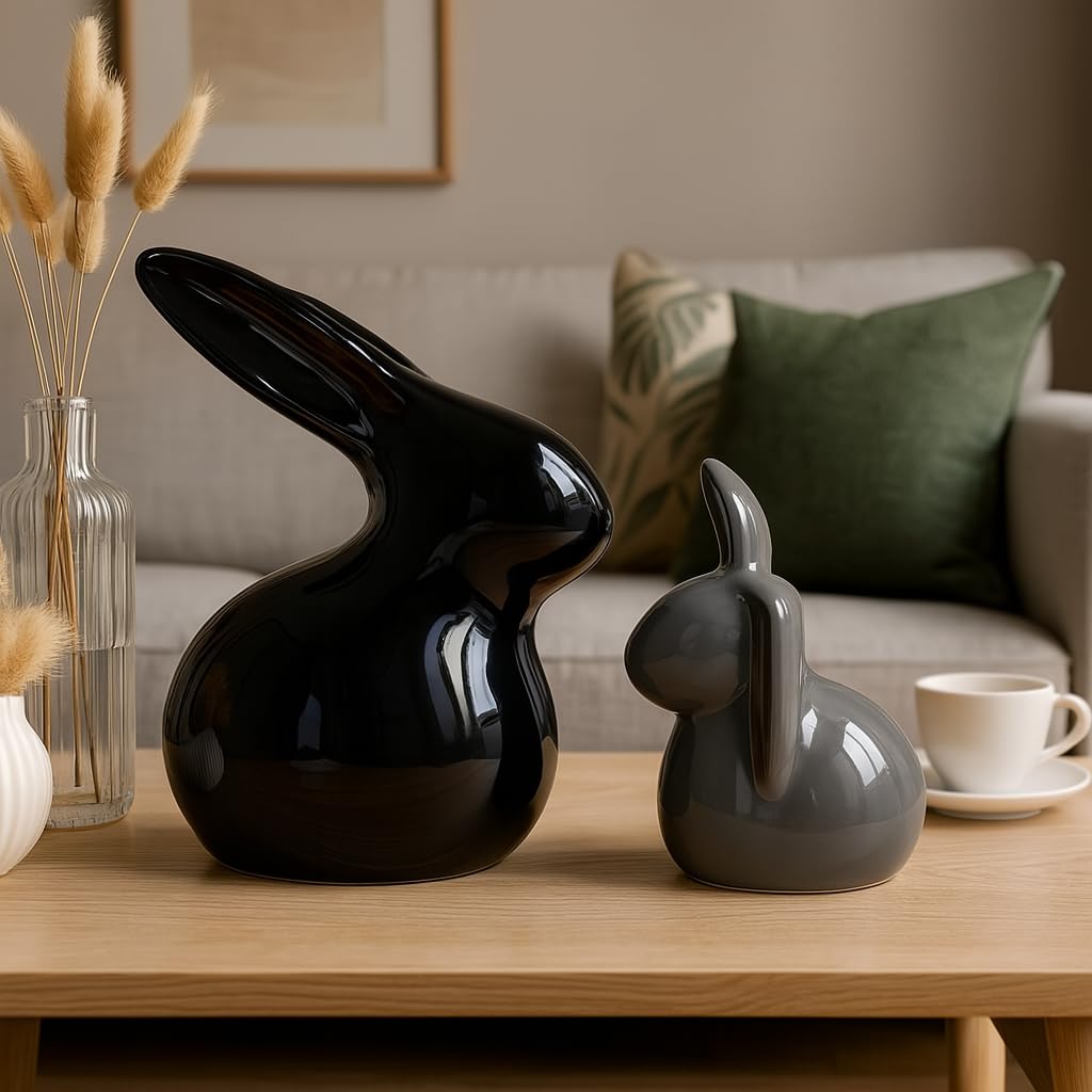 Home Décor Ceramic Rabbit Figurines (Set of 2, Black and Grey)