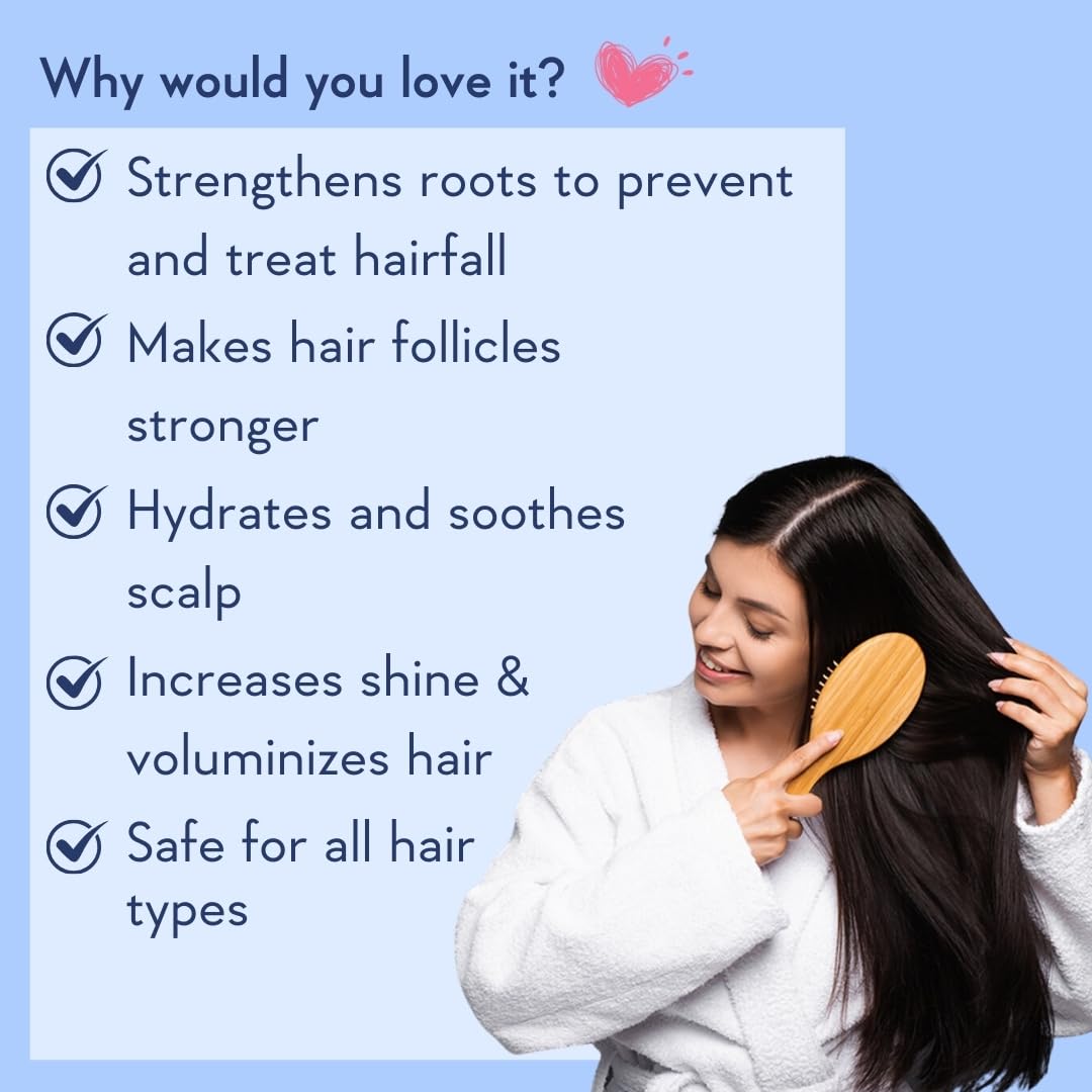 Woman brushing her hair with text highlighting product benefits on a blue background
