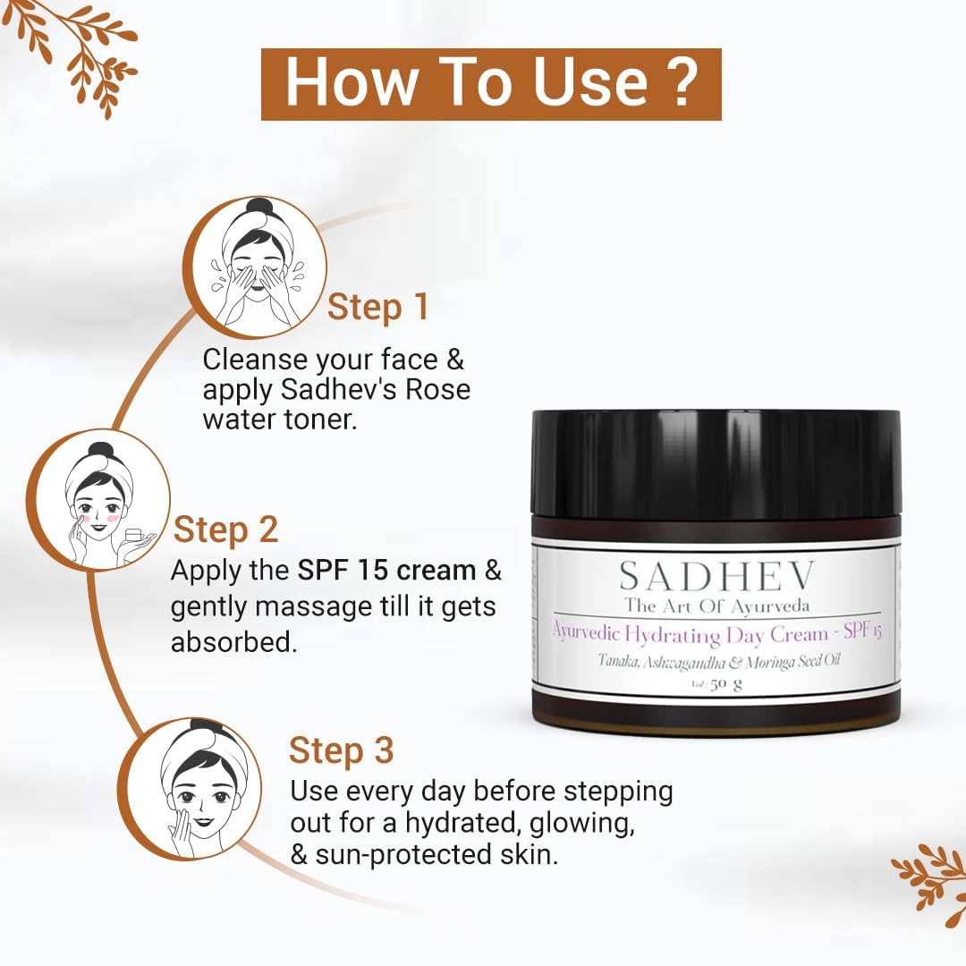 Sadhev Ayurvedic Hydrating Day Cream SPF 15 with Goodness of Tanaka, Ashwagandha & Moringa Seed Oil - 50gm (Pack of 1)_GWP