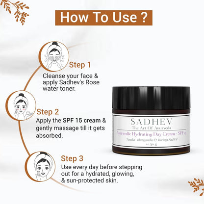 Sadhev Ayurvedic Hydrating Day Cream SPF 15 with Goodness of Tanaka, Ashwagandha & Moringa Seed Oil - 50gm (Pack of 1)_GWP