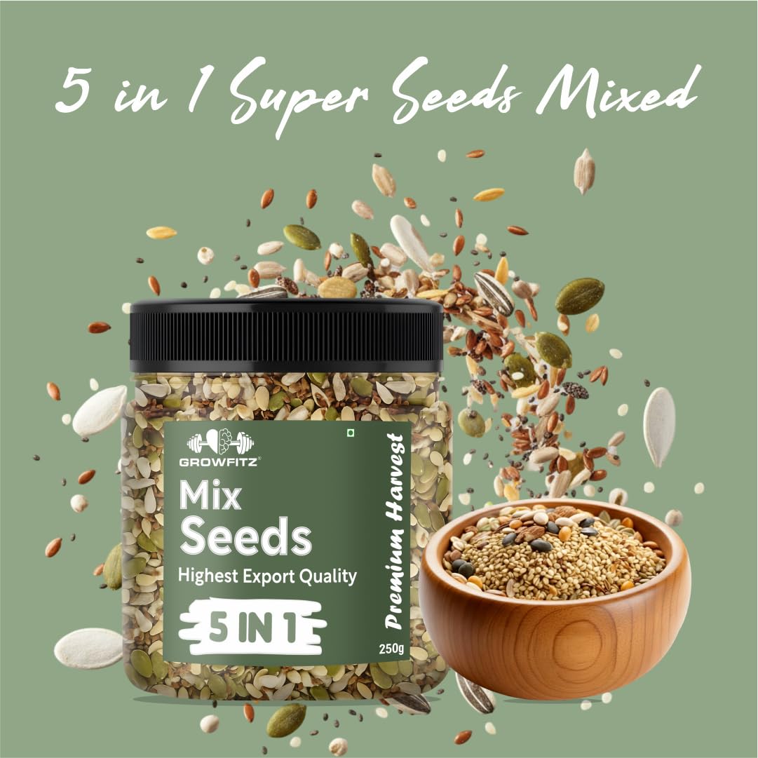 Growfitz 5 -in-1 Super Seed Mix | 250g | 20.5g High Protein & Fiber | Roasted Pumpkin, Sunflower, Flax, Chia, Soy Nuts & Sesame | Healthy Snack | Export Quality Superfood