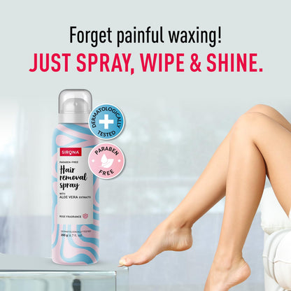 Hair removal spray bottle with a person's leg showing smooth skin, against a light gray background.