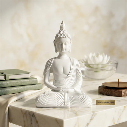 New Sitting Meditating Buddha Statue showpiece Idol Home Decor Items for Living Room and Gifts (White)