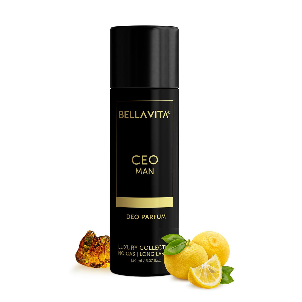 Bellavita CEO Man deo parfum bottle with lemons and amber on a white background