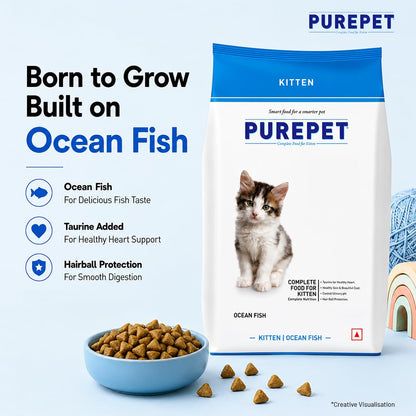 Purepet Kitten Dry Cat Food 1.2kg | Ocean Fish Flavour | Supports Active Behaviour | Hairball Control | Urinary Tract Health | Nutrient-Rich with Essential Minerals